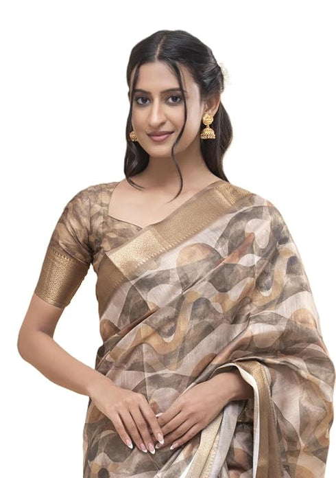 Vasthrlay Tan Beige Geometric Print Polyester Saree With Dull Gold Zari Border And Unstitched Blouse Piece