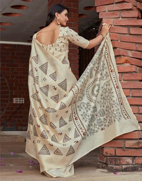 Vasthrlay Womens Printed Unstitched White Saree