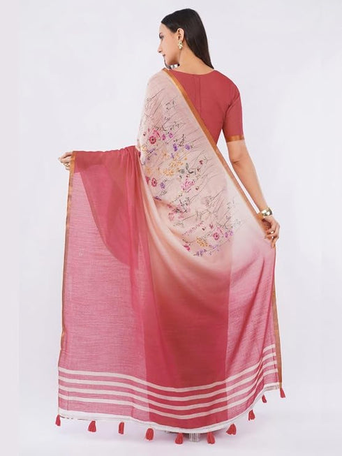 Vasthrlay Peach Floral Digital Print Linen Saree With Unstitched Blouse Piece