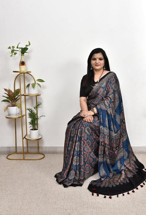 Vasthrlay Ajrakh Saree Crepe