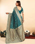 Vasthrlay Jacquard Kanjivaram Rama Blue And Golden Saree With Unstitched Blouse Piece