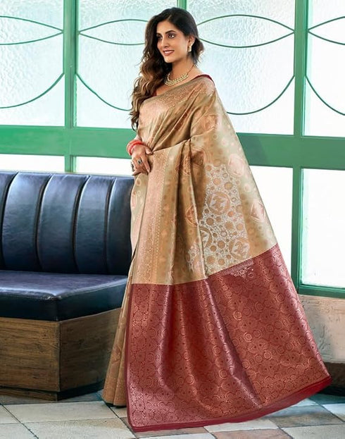 Vasthrlay Banarasi Kanjivaram Unstitched Beige Saree
