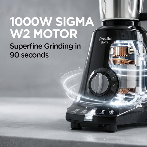 Preethi Boltz 1000 Watts Mixer Grinder, 4 Jars (3 Stainless Steel Jars, Blender Jar), Powerful Grinding for Masalas, Chutneys and Batters, 2 Year Warranty, Lifelong Free Service, Black