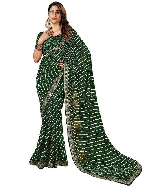 Vasthrlay Georgette Embroidery Dark Green | Golden Saree With Unstitched Blouse Piece