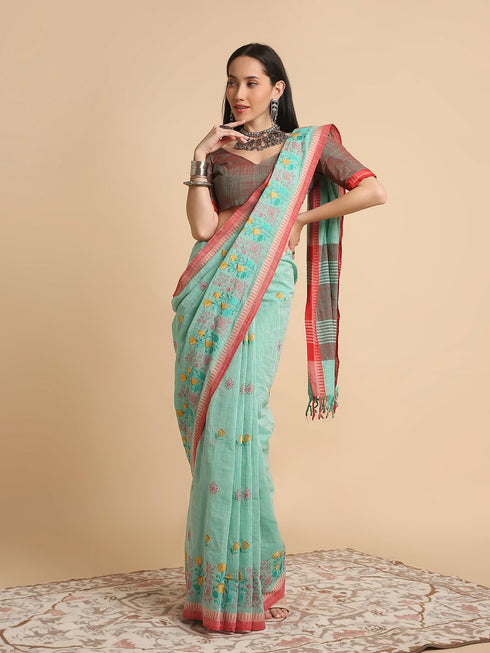 Vasthrlay Handloom Embroidered Apricot Saree