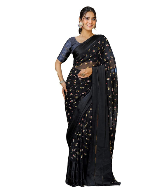 Vasthrlay Georgette Printed Unstitched Dark Green Saree