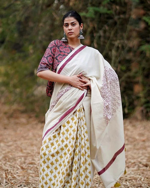 Vasthrlay Off White Printed Mustard Elegant
