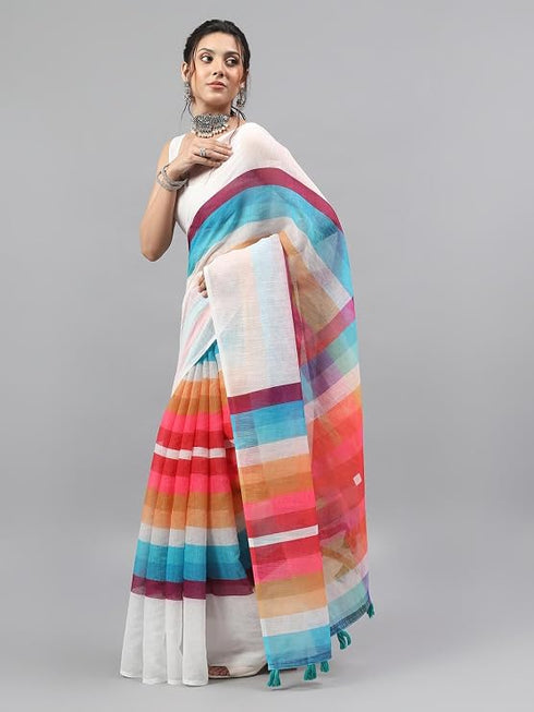 Vasthrlay White Printed Striped Linen Saree With Solid Linen Unstitched Blouse Piece For Women