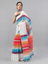 Vasthrlay White Printed Striped Linen Saree With Solid Linen Unstitched Blouse Piece For Women