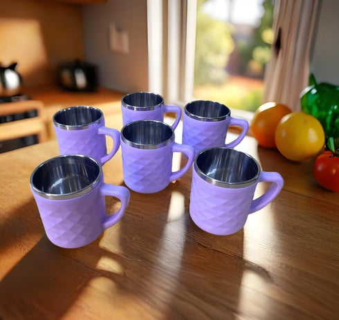 Stainless Steel Tea Cups with Diamond Pattern, 200 ml, Set of 6