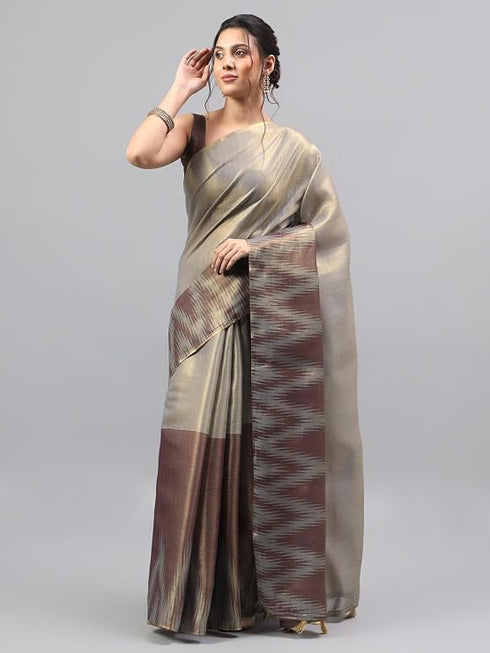 Vasthrlay Rusty Brown Floral And Solid Design Polyester Saree With Unstitched Blouse Piece