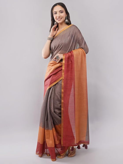 Vasthrlay Women'S Multicolor1Chevron Printed Linen Saree With Unstitched Blouse