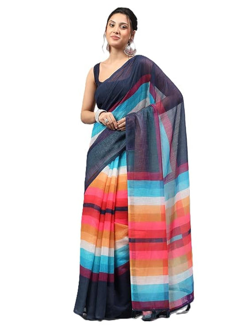 Vasthrlay Multicolor Printed Striped Linen Saree With Solid Linen Unstitched Blouse Piece For Women