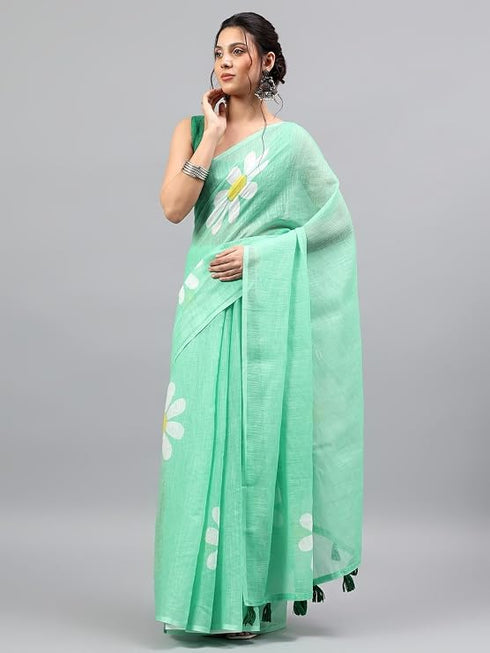 Vasthrlay Green Womens Ready To Wear One Minute Linen Fabric Saree