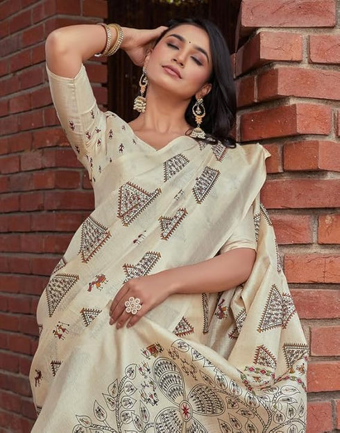 Vasthrlay Womens Printed Unstitched White Saree