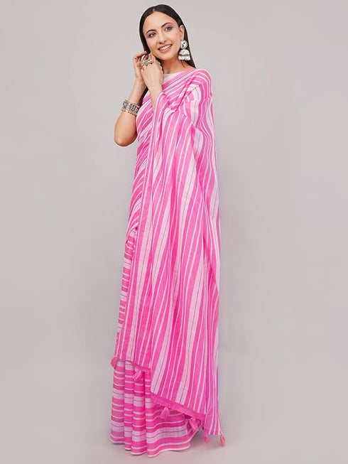 Vasthrlay Kathakali Print Linen Saree With Gold Zari Border And Unstitched Blouse Piece