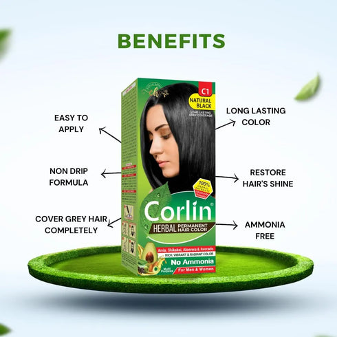Corlin Herbal Permanent Hair Color Cream, Natural Black (Pack of 2)
