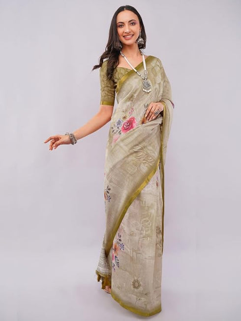 Vasthrlay Womens Beige Floral Digital Print Linen Saree With Unstitched Blouse Piece