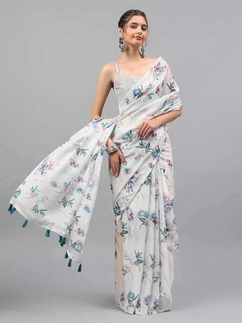 Vasthrlay White Sheer Spring Floral Printed Art Chiffon Saree With Unstitched Blouse