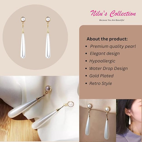 Nilu's Collection Attractive and Stylish Gold Plated Water Drop Long Pearl Earrings