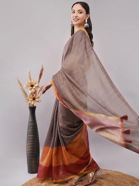 Vasthrlay Multicolor1 Chevron Printed Linen Saree With Unstitched Blouse