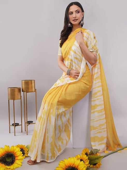 Vasthrlay Yellow Linen Floral| Striped| Check Design Printed Saree With Solid Unstitched Linen Blouse Piece