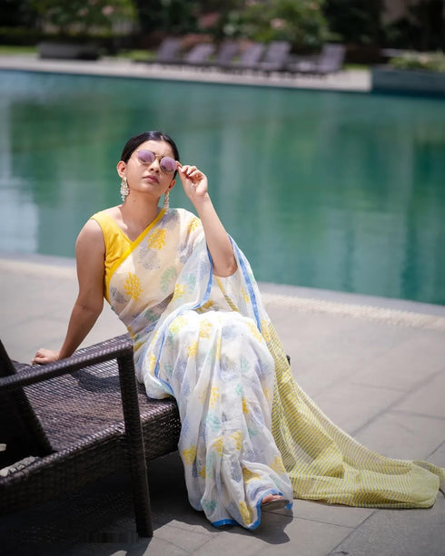 Vasthrlay Yellow Floral Lightweight Striped