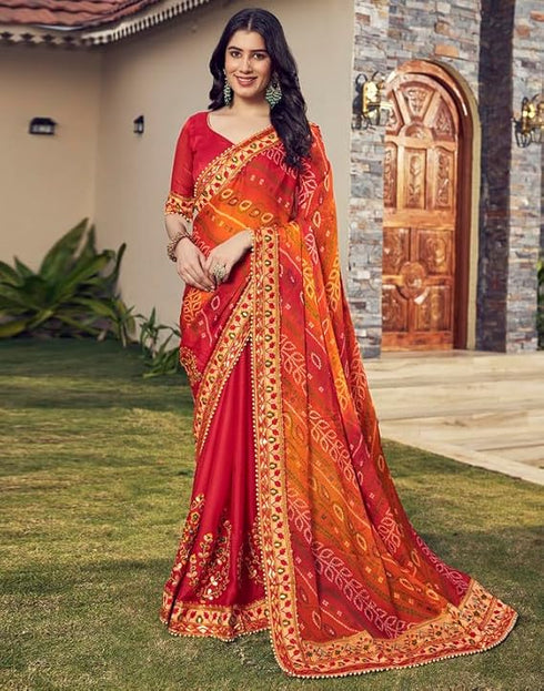 Vasthrlay Bandhani Embroidery Unstitched Red Saree