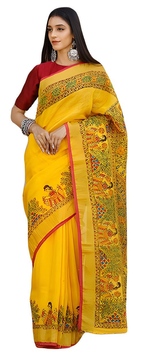 Vasthrlay Printed Unstitched Kalamkari Yellow Free Ethnic Wear
