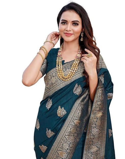 Vasthrlay Banarasi Kanjivaram Rama Blue Saree With Unstitched Blouse Piece