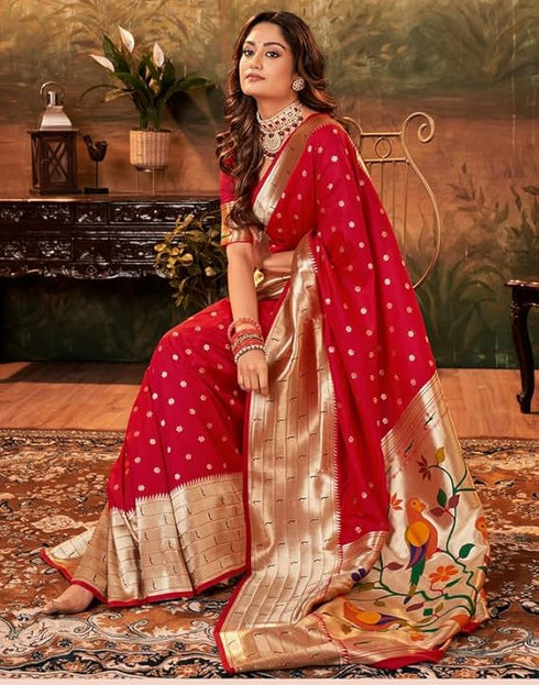 Vasthrlay Paithani Jacquard Unstitched Red Saree