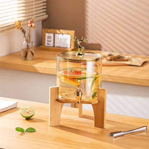 PrimeWorld Glass Water Beverage Dispenser with Wooden Stand