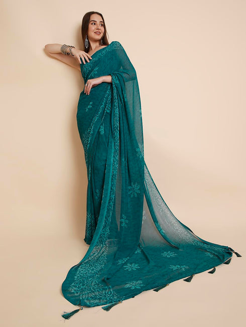 Vasthrlay Georgette Printed Unstitched Turquoise Saree
