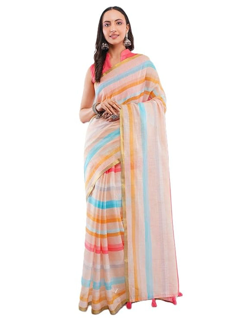 Vasthrlay Women'S Multicolour Chevron Printed Linen Saree With Unstitched Blouse