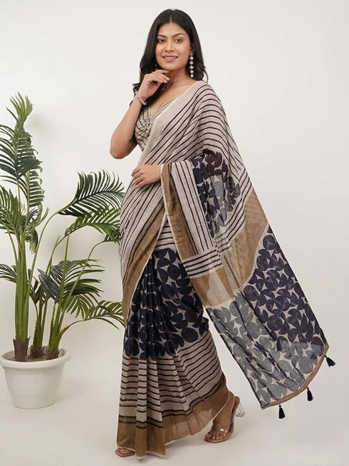 Vasthrlay Beige Striped | Floral | Solid Print Design Linen Saree With Solid Unstitched Linen Blouse Piece