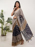 Vasthrlay Beige Striped | Floral | Solid Print Design Linen Saree With Solid Unstitched Linen Blouse Piece