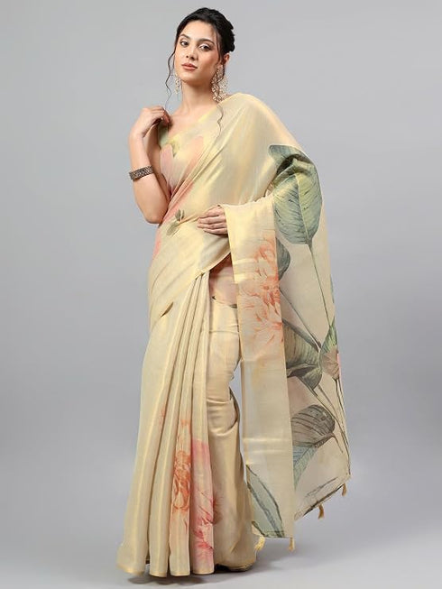 Vasthrlay Beige3 Floral And Solid Design Polyester Saree With Unstitched Blouse Piece