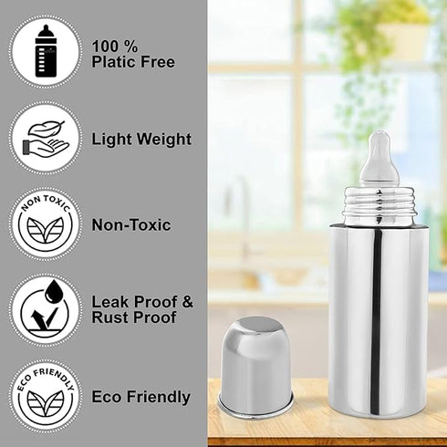 Millionminds Stainless Steel Baby Feeding Milk Bottle and Feeding Bottle with Spoon | Bottle Cleaning Brush and Fruit Feeder