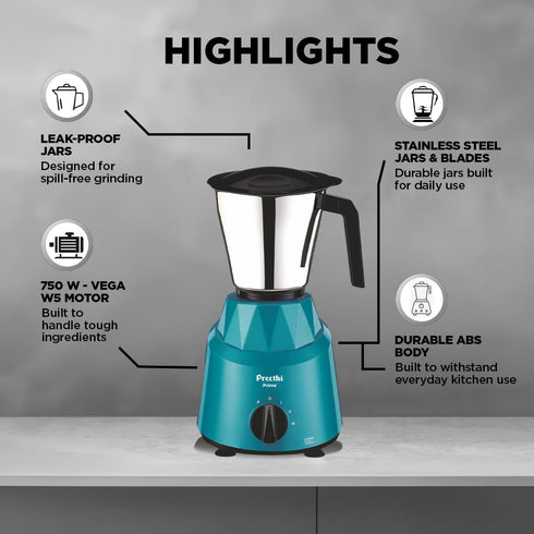 Preethi Prime MG-286 Mixer Grinder, 3 Jars, 750 Watt, Green