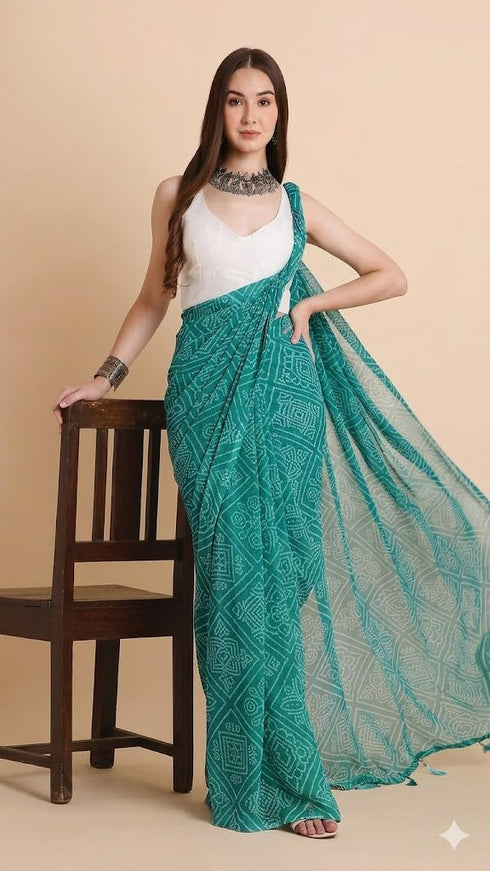 Vasthrlay Chiffon Bandhani Printed Teal Saree