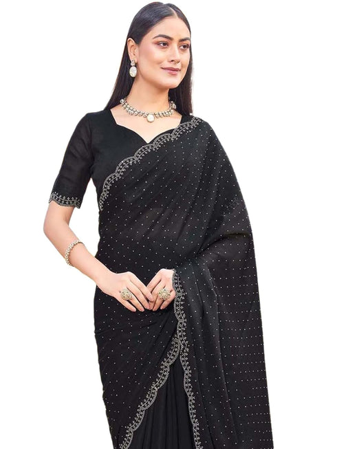 Vasthrlay Georgette Scalloped Unstitched Black Saree