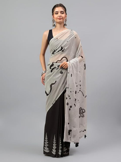 Vasthrlay Off White Floral| Solid| Striped Design Georgette Saree With Unstitched Blouse Piece
