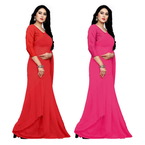 Vasthrlay Georgette Unstitched Red Pink Free Ethnic Wear