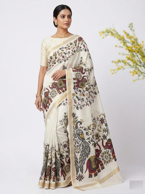 Vasthrlay Off White Printed Elephant Lightweight