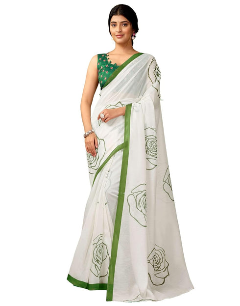 Vasthrlay Chanderi Printed White And Green Saree With Unstitched Blouse Piece