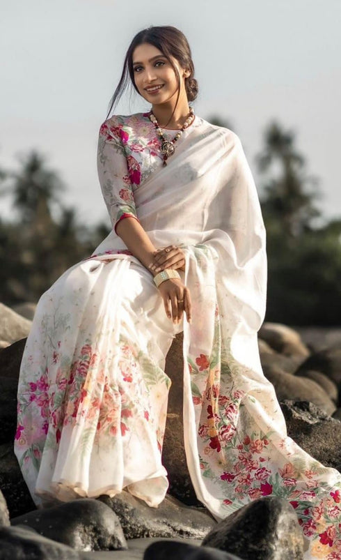 Vasthrlay White Printed Unstitched Saree