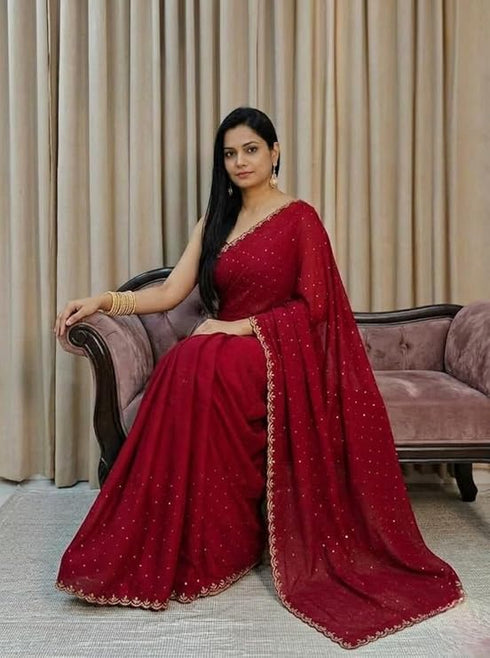 Vasthrlay Dailywear Red Georgette Stone Work Saree with Border | All-Over Stone Embellishments
