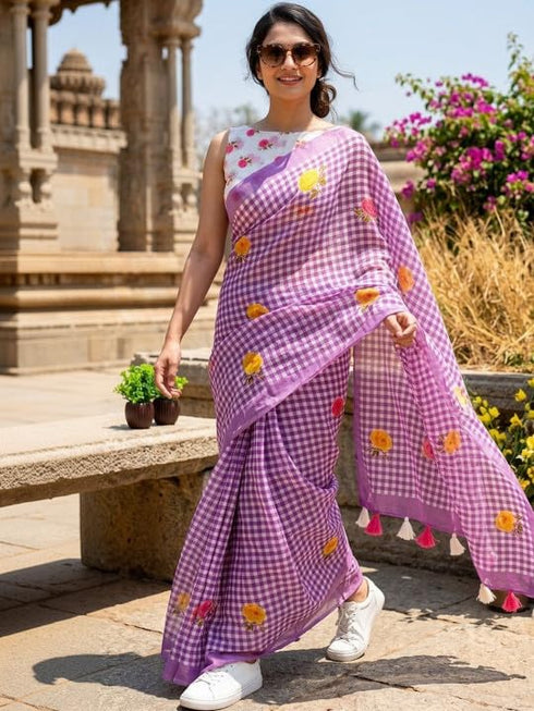 Vasthrlay Checked Pattern Tassels Unstitched
