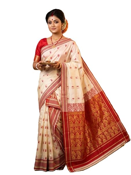 Vasthrlay Cream White Red Border Bengali Saree For Women Traditional Lal Par Sada Banarasi Silk Saree