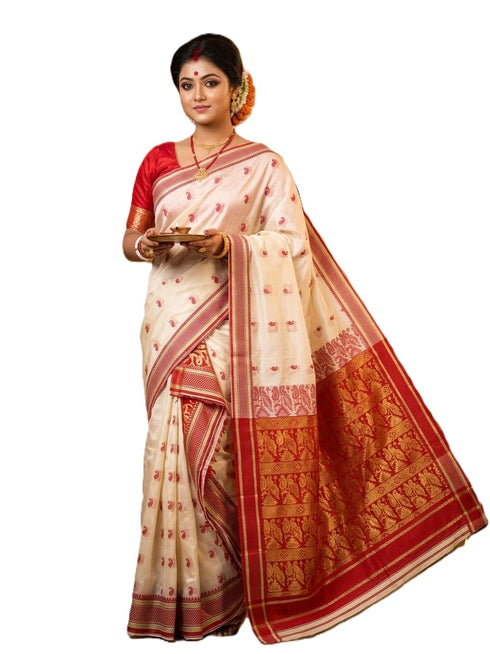 Vasthrlay Cream White Red Border Bengali Saree For Women Traditional Lal Par Sada Banarasi Silk Saree
